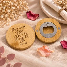 Abridor de bambú personalizado para boda con nombres y fecha