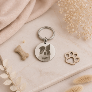 Llavero mascota personalizado con foto grabada en acero inoxidable