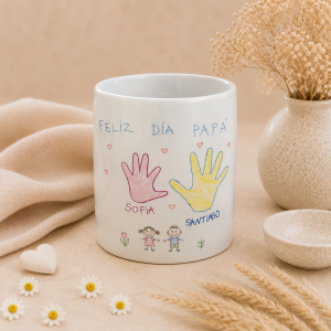 Taza personalizada dibujo niños con huellas manos y nombres sofia santiago papa