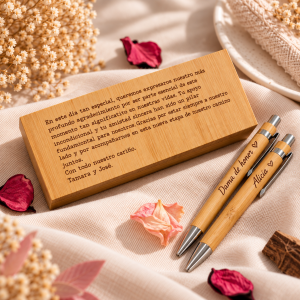set bolígrafo y portaminas personalizado en estuche de bambú