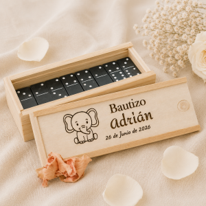Juego dominó madera grabado láser personalizado bautizo