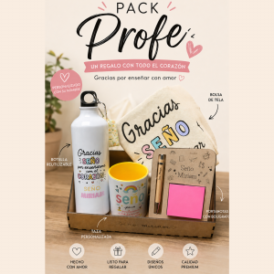 pack regalo personalizado profesores fin curso taza botella tote bag