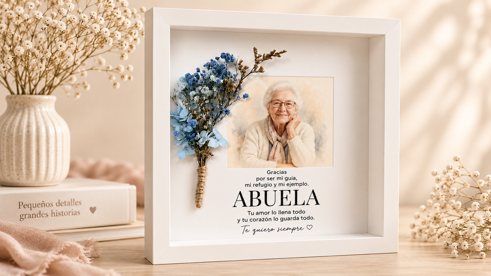 Cuadro personalizado con foto y flores preservadas para abuela